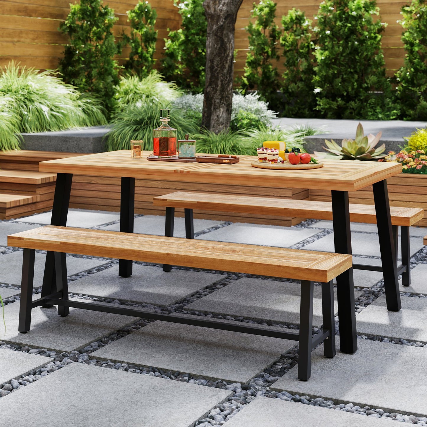 63 Inch 3-Person Acacia Patio Wood Outdoor Backless Bench-Set of 1