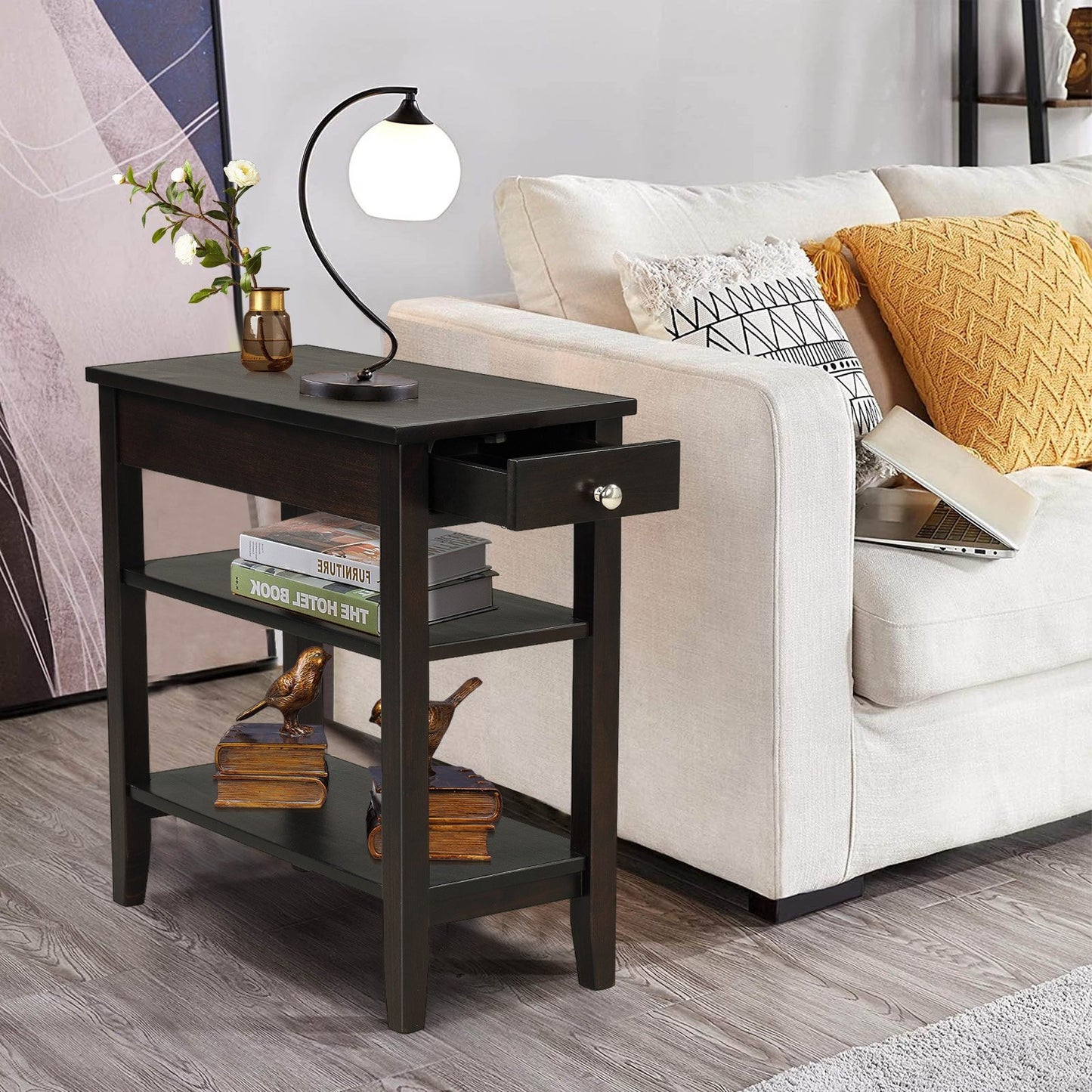 Side End Table with Drawer and 2-Tier Open Storage Shelves for Space Saving-Black