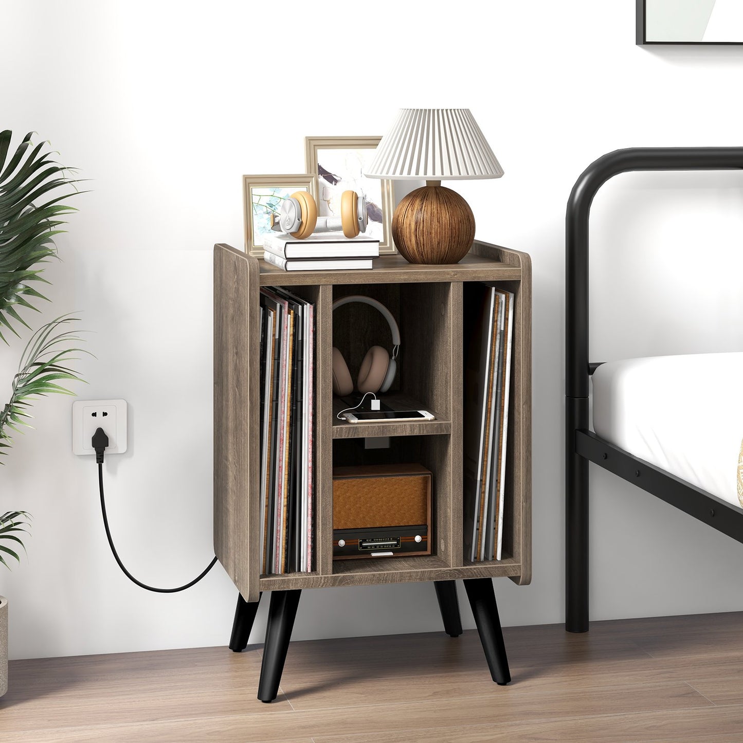 Vinyl Record Storage Turntable Stand with 4 Open Shelves-Brown