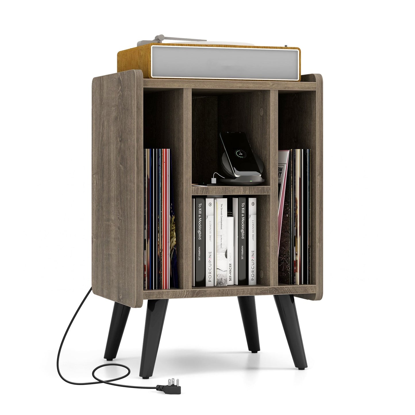 Vinyl Record Storage Turntable Stand with 4 Open Shelves-Brown