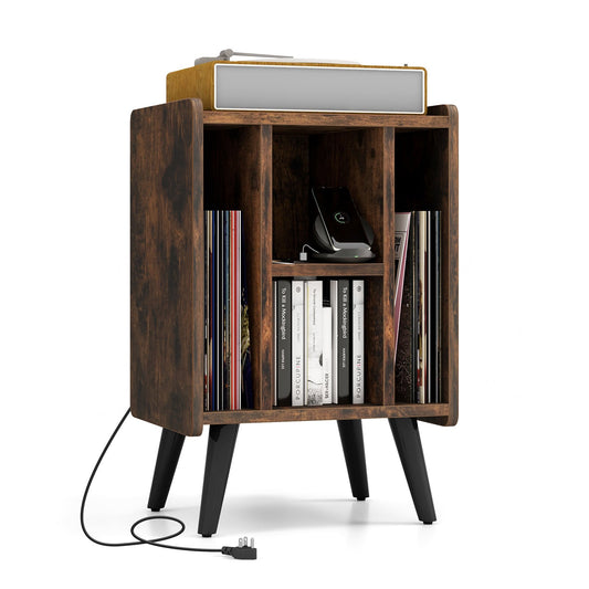 Vinyl Record Storage Turntable Stand with 4 Open Shelves-Brown