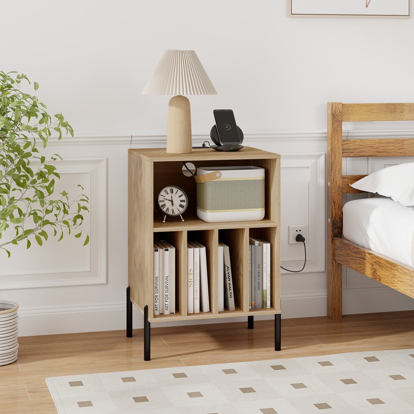 Record Player Stand with Record Storage Shelf and Charging Station-Black