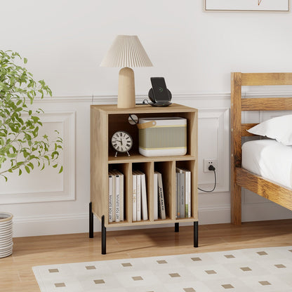 Record Player Stand with Record Storage Shelf and Charging Station-Black
