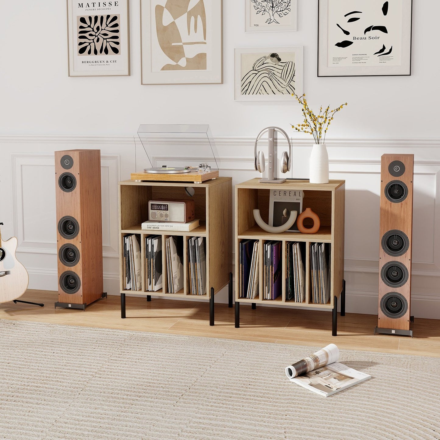 Record Player Stand with Record Storage Shelf and Charging Station-Black