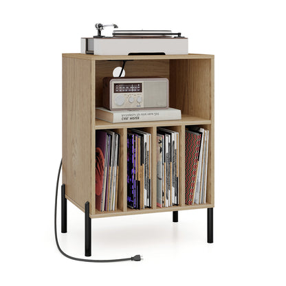 Record Player Stand with Record Storage Shelf and Charging Station-Black