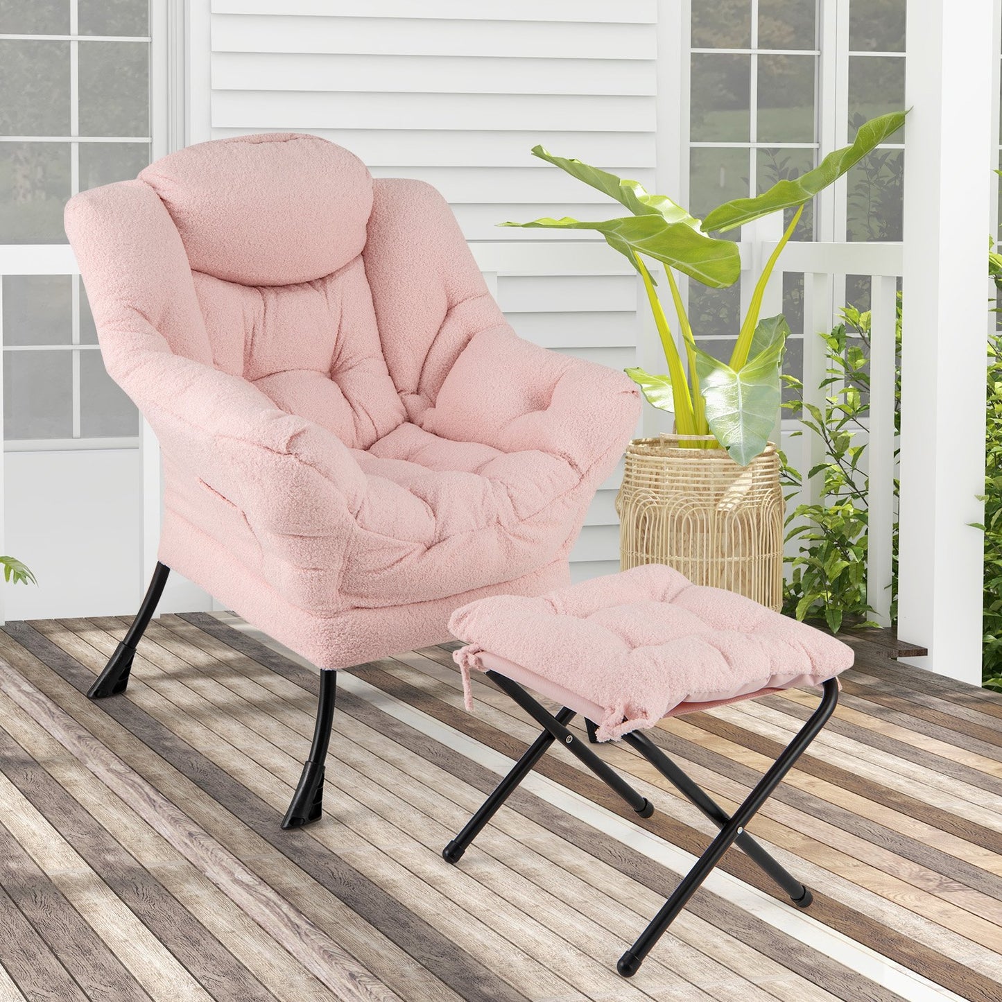 Modern Accent Chair with Folding Footrest and Head Pillow-Beige