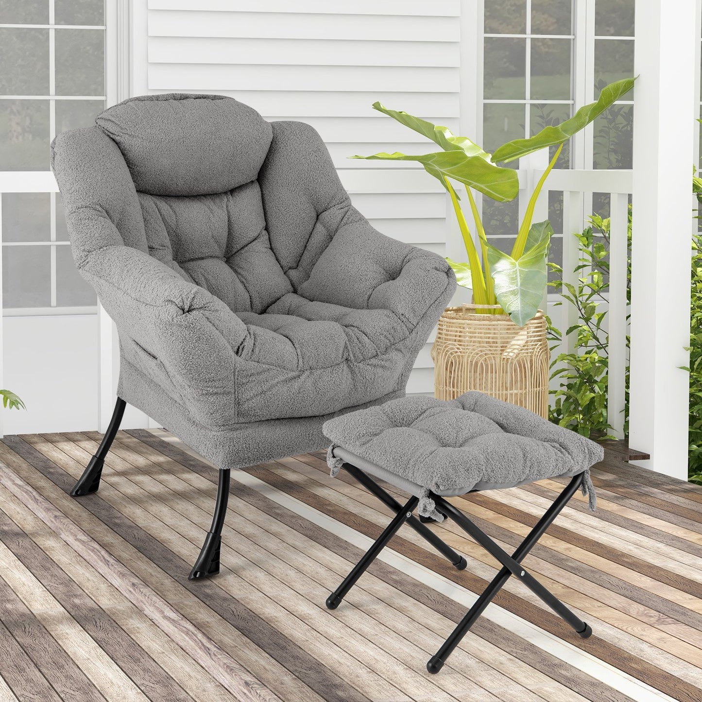 Modern Accent Chair with Folding Footrest and Head Pillow-Beige