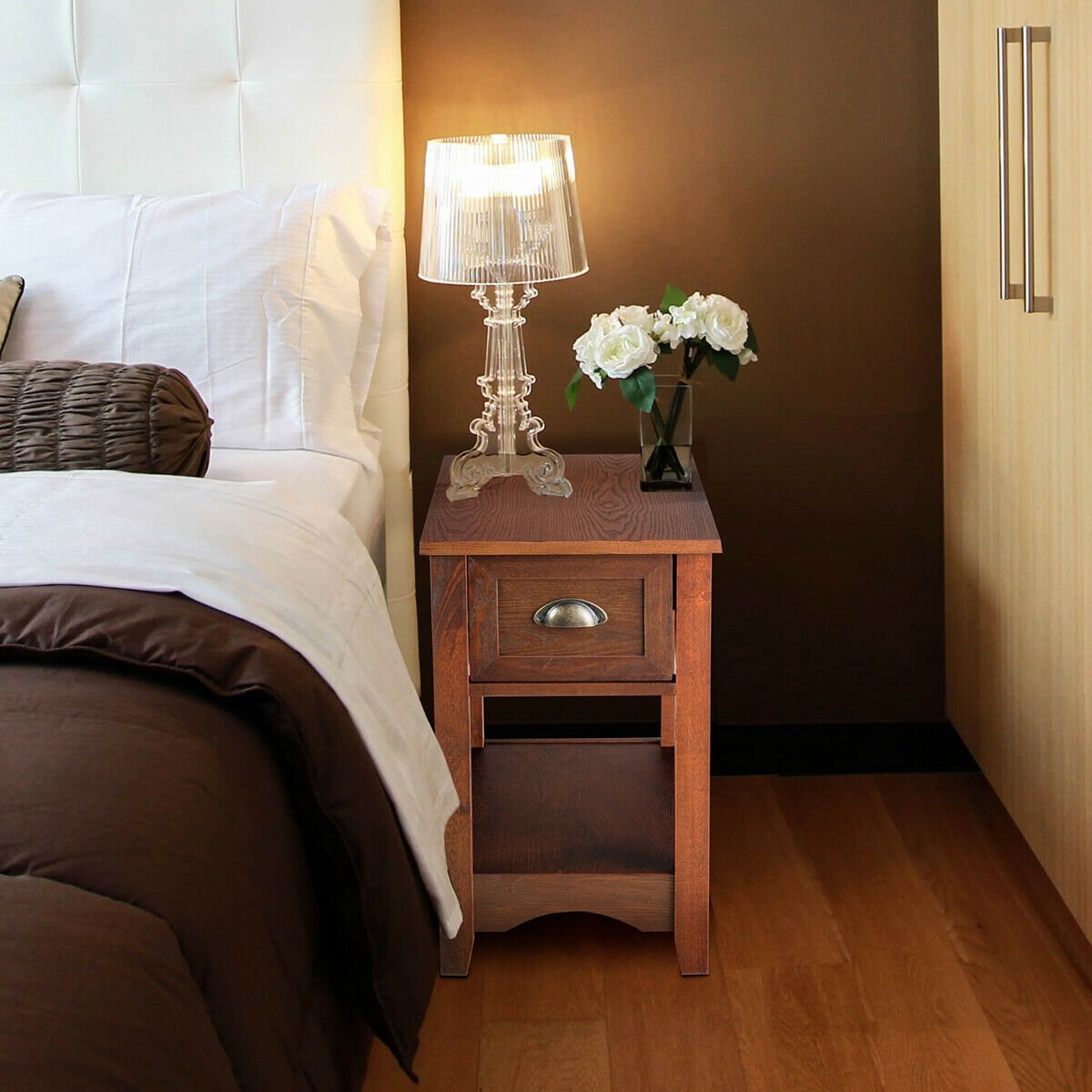 2 Pieces Retro Narrow Tiered End Table with Drawer and Storing Shelf-Brown