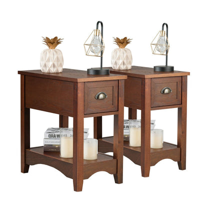 2 Pieces Retro Narrow Tiered End Table with Drawer and Storing Shelf-Brown