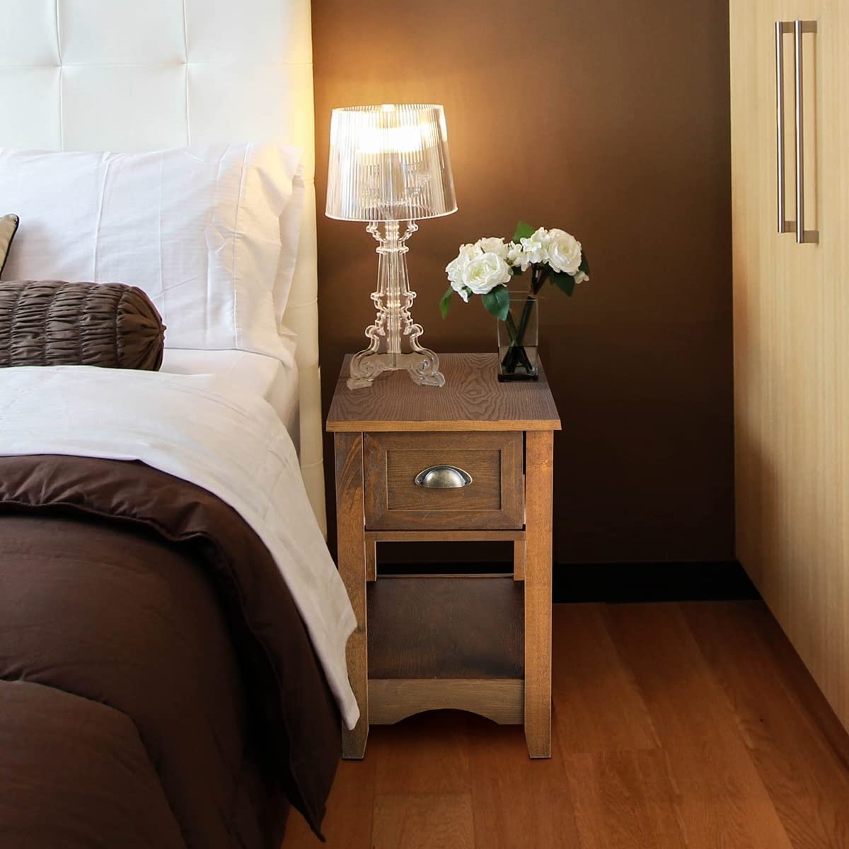 2 Pieces Retro Narrow Tiered End Table with Drawer and Storing Shelf-Brown