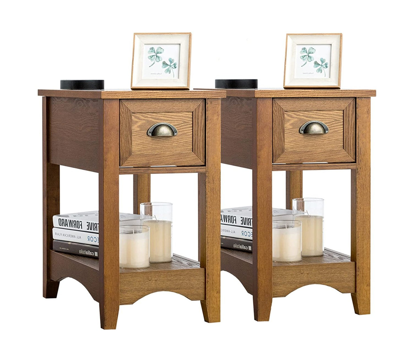 2 Pieces Retro Narrow Tiered End Table with Drawer and Storing Shelf-Brown