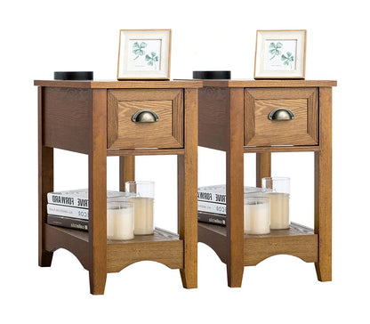 2 Pieces Retro Narrow Tiered End Table with Drawer and Storing Shelf-Brown