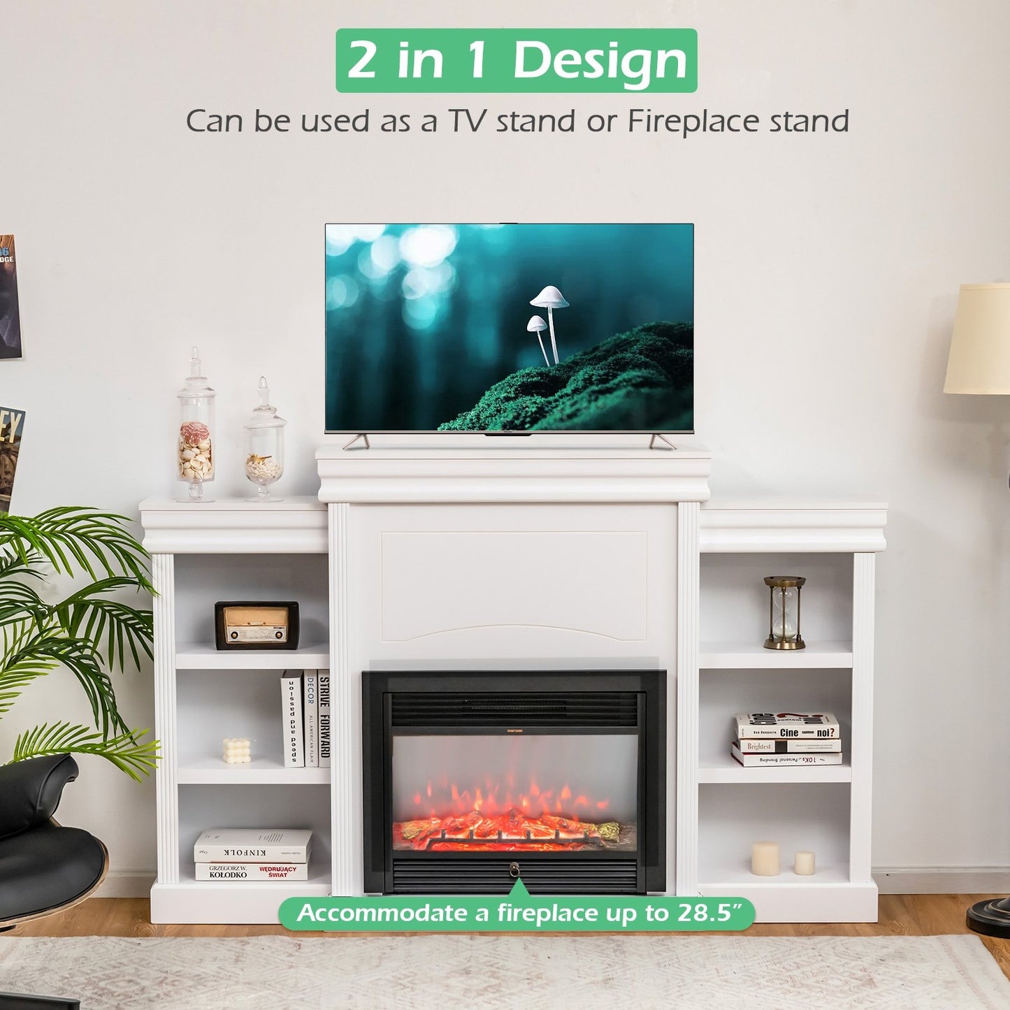 70 Inch Modern Fireplace Media Entertainment Center with Bookcase-Black