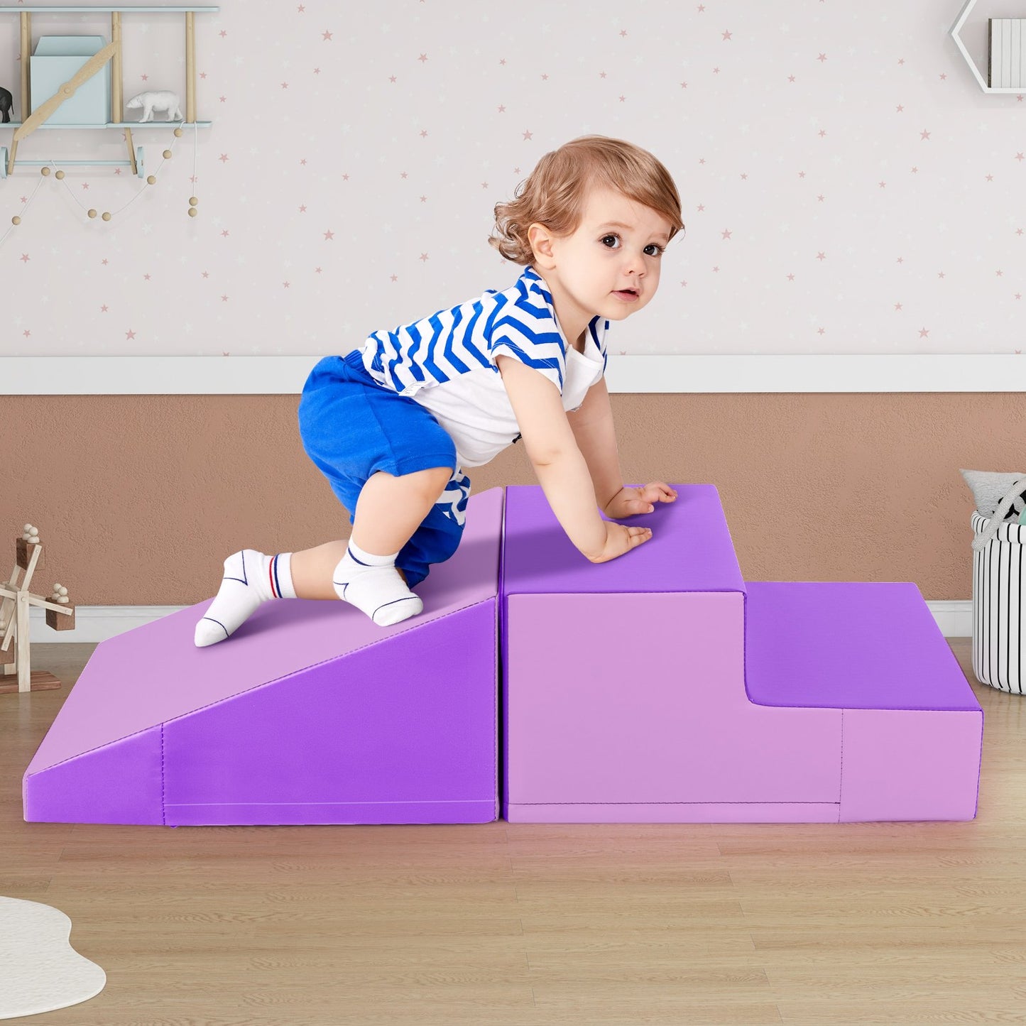 2-Piece Step and Slide Climber for Infants and Toddlers Baby Soft Play Set Foam Blocks-Blue