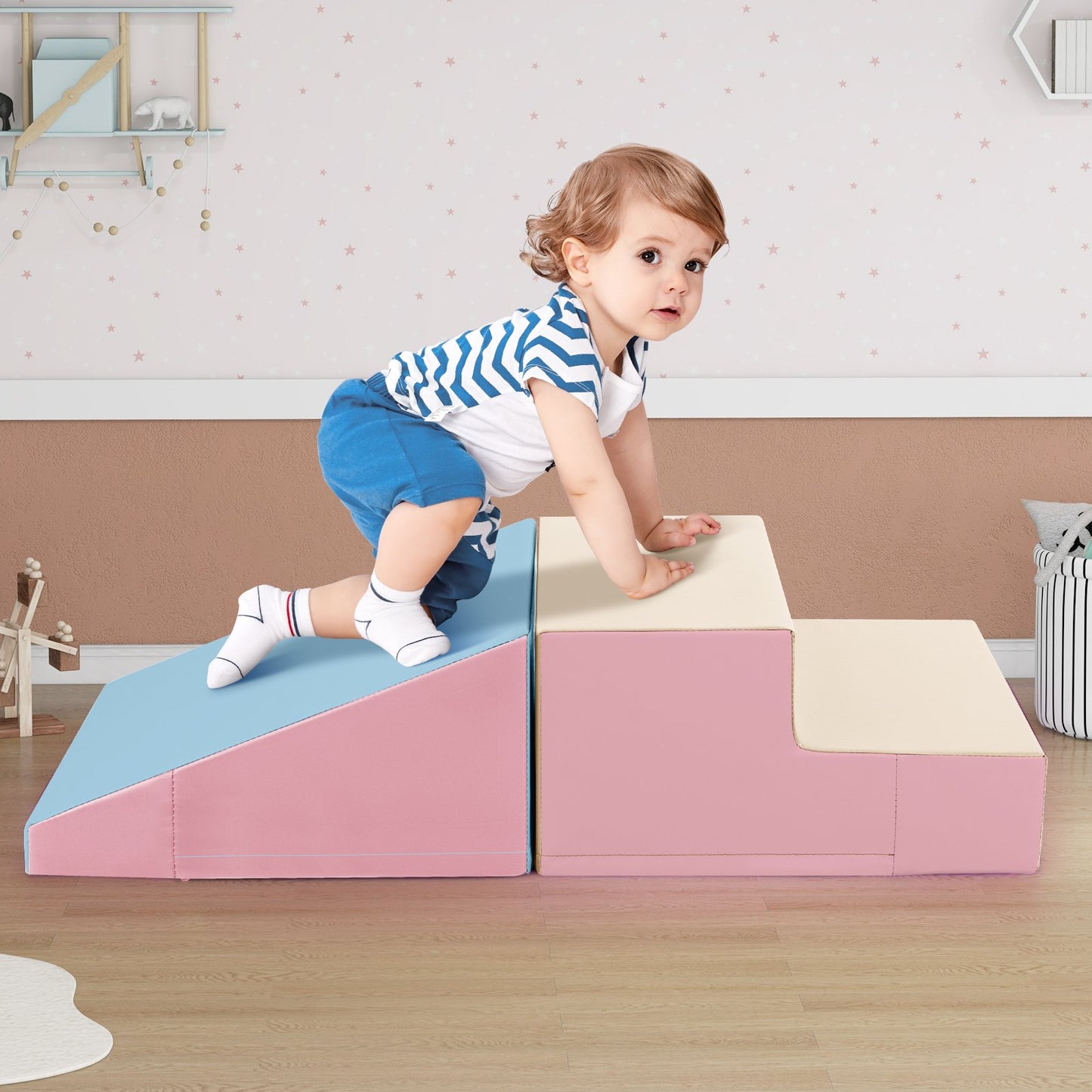 2-Piece Step and Slide Climber for Infants and Toddlers Baby Soft Play Set Foam Blocks-Blue