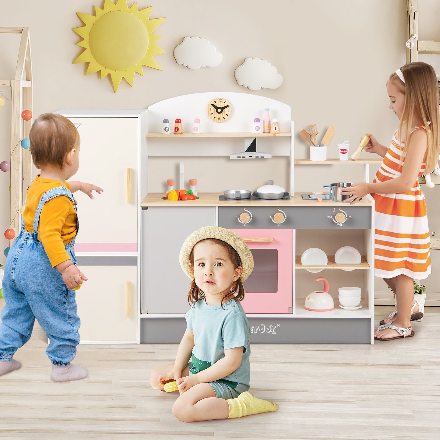 Kids Play Kitchen Set with Realistic Range Hood and Refrigerator