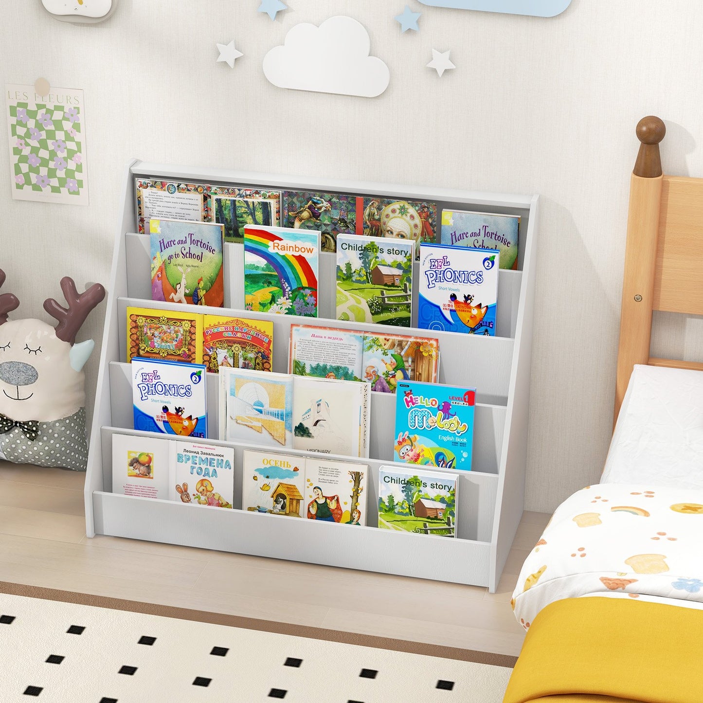 5-Tier Kids Bookshelf with Deep Compartments and Stable Baby Book Case-Natural