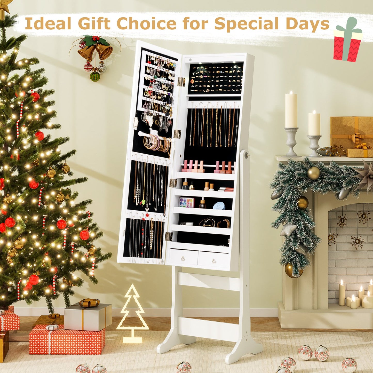 Lockable Freestanding Jewelry Cabinet Armoire with Full-Length Mirror and Lights-Black