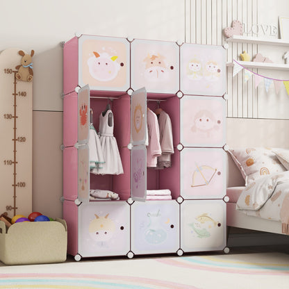 12 Cube Kids Wardrobe Closet with Hanging Section and Doors-Blue