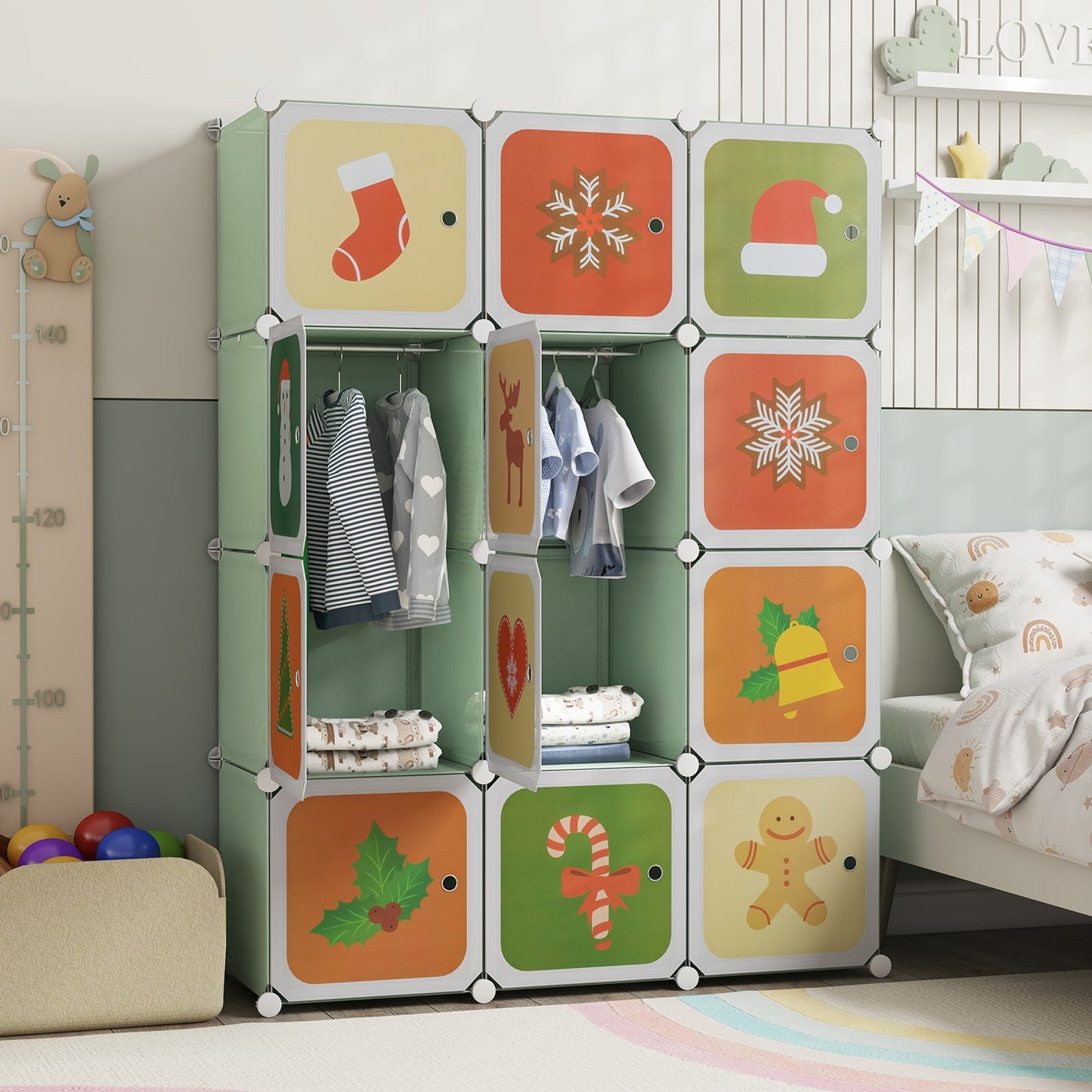 12 Cube Kids Wardrobe Closet with Hanging Section and Doors-Blue