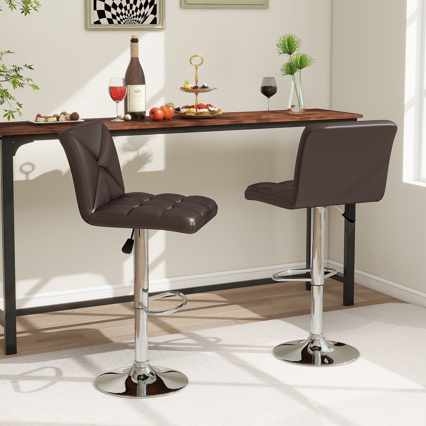 PU Leather Upholstered Bar Stools Set of 2 with Back and Adjustable Height-Black