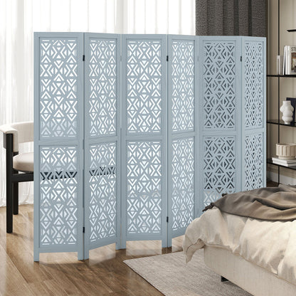 4/6 Panel Wooden Room Divider with Carved Cutout Pattern and Solid Wood Frame-4 Panel