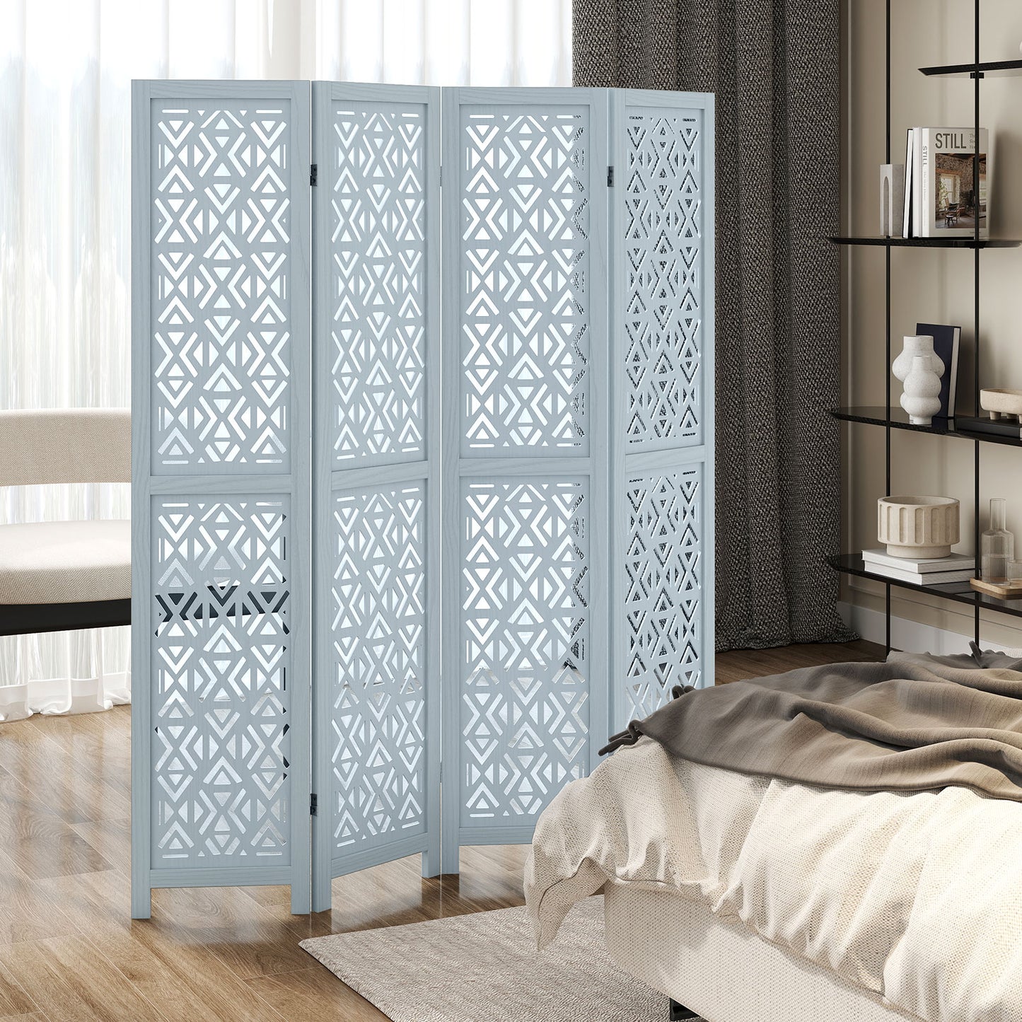 4/6 Panel Wooden Room Divider with Carved Cutout Pattern and Solid Wood Frame-4 Panel