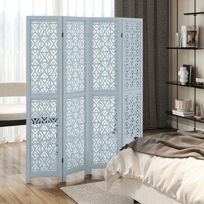4/6 Panel Wooden Room Divider with Carved Cutout Pattern and Solid Wood Frame-4 Panel