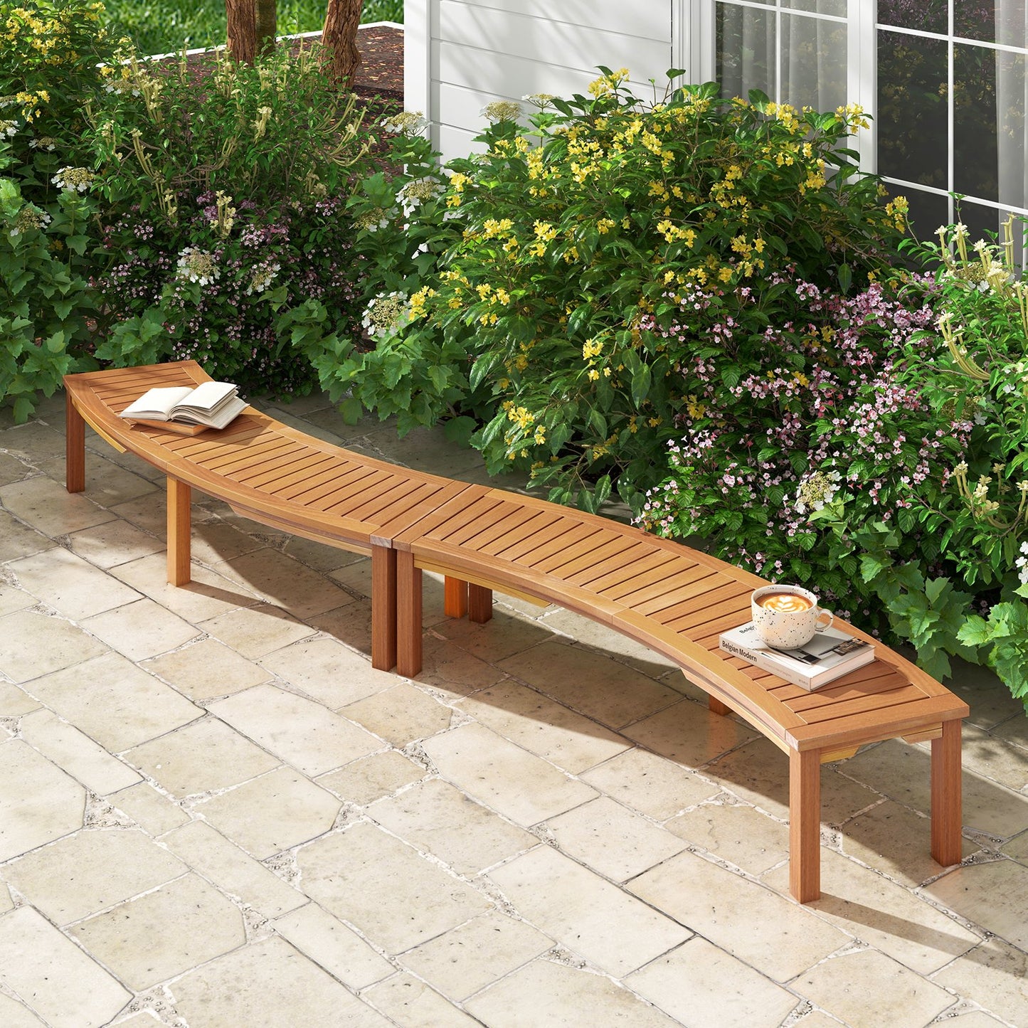 Outdoor Curved Acacia Wood Fire Pit Bench with Slatted Seat-1 Piece