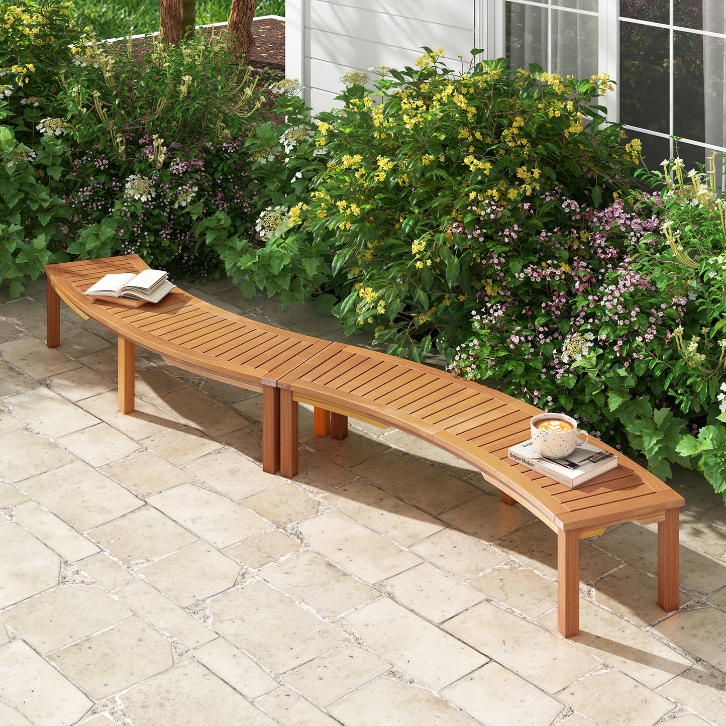Outdoor Curved Acacia Wood Fire Pit Bench with Slatted Seat-Set of 2