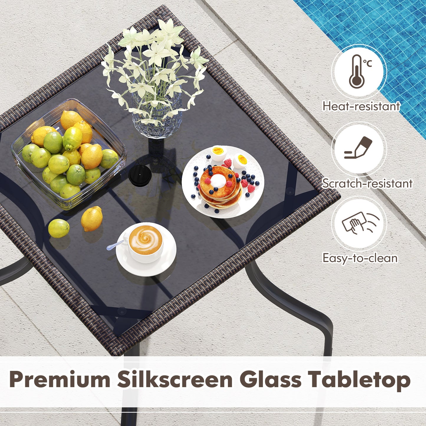 28.5 Inch Outdoor Patio Square Glass Top Table with Rattan Edging