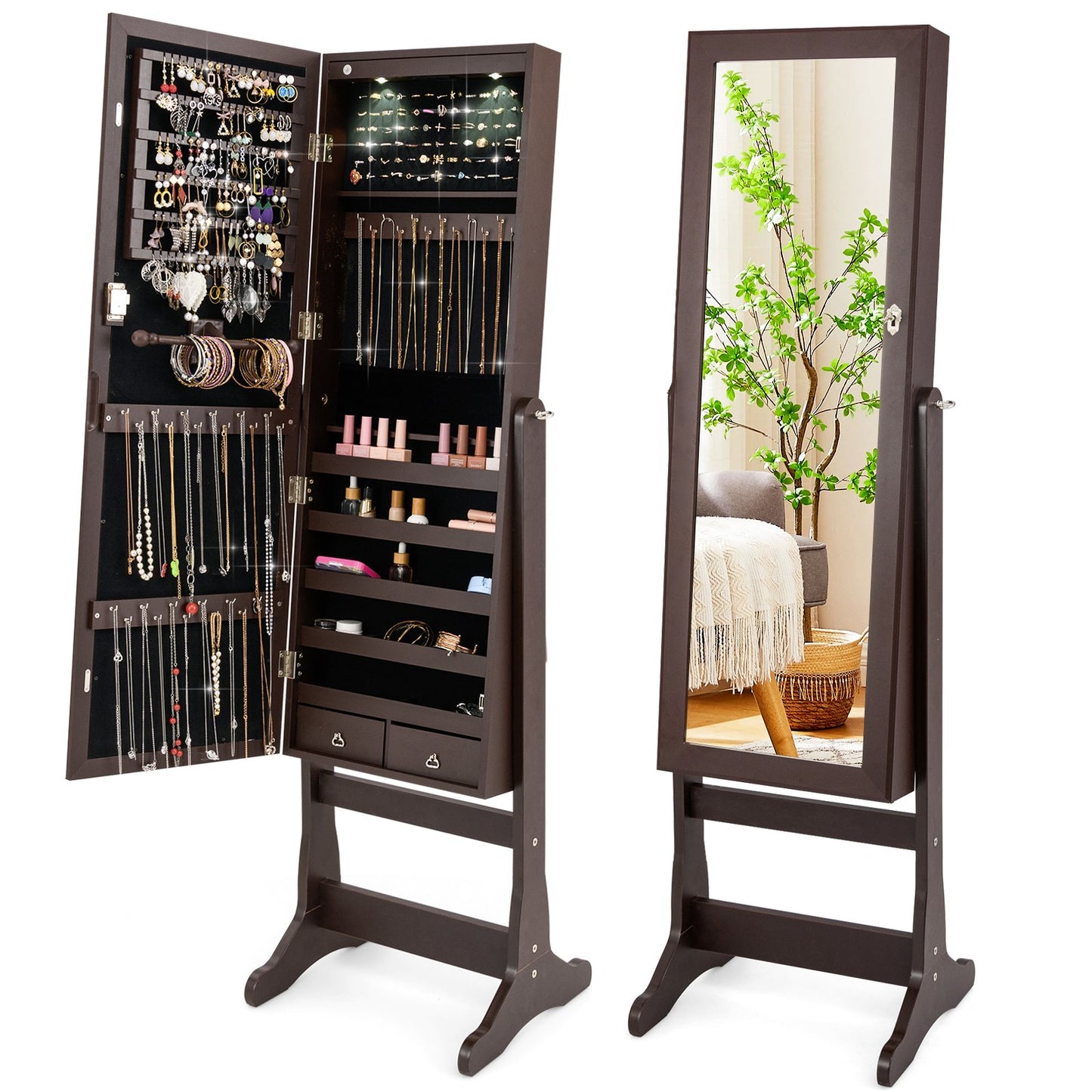 Lockable Mirrored Jewelry Cabinet with Stand and Led Lights-Brown
