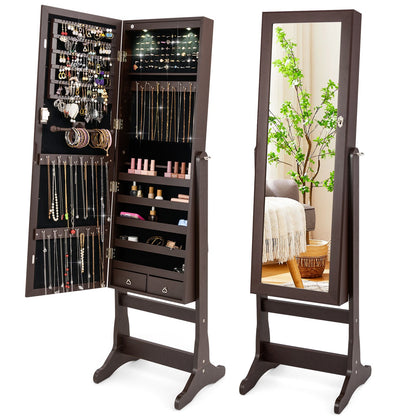 Lockable Mirrored Jewelry Cabinet with Stand and Led Lights-Brown
