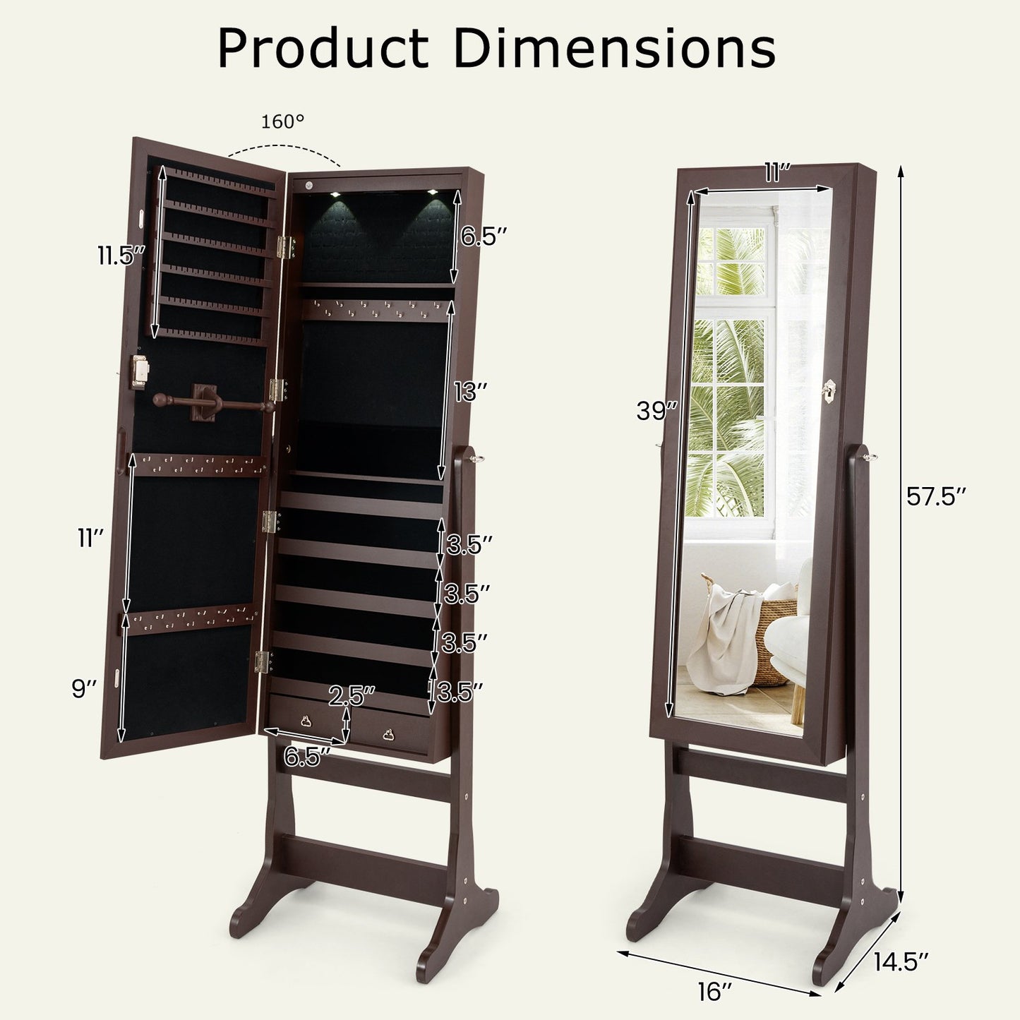 Lockable Mirrored Jewelry Cabinet with Stand and Led Lights-Brown