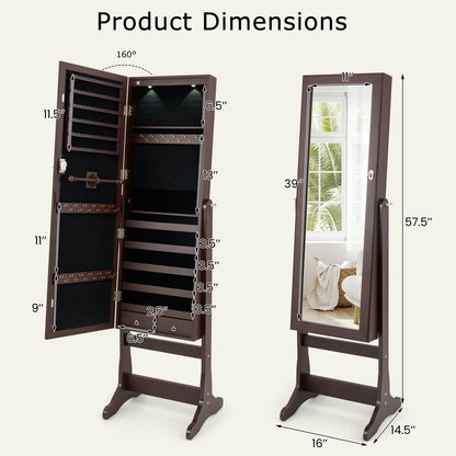 Lockable Mirrored Jewelry Cabinet with Stand and Led Lights-Brown