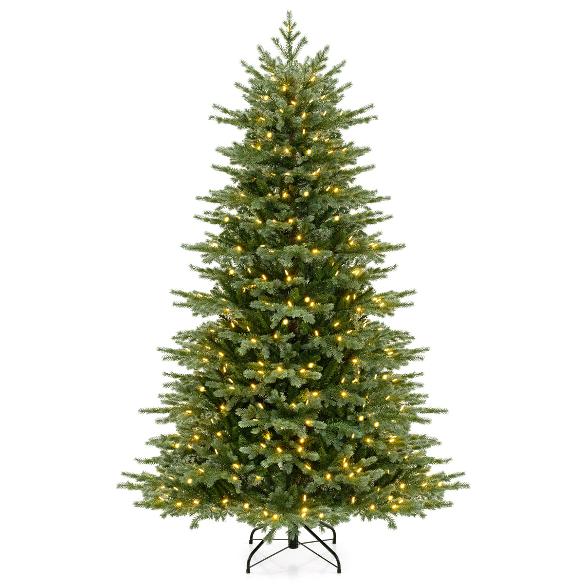 7-foot artificial Christmas tree with lush PVC branches and warm white LED lights, ideal for holiday decor.