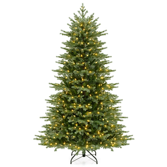 7-foot artificial Christmas tree with lush PVC branches and warm white LED lights, ideal for holiday decor.