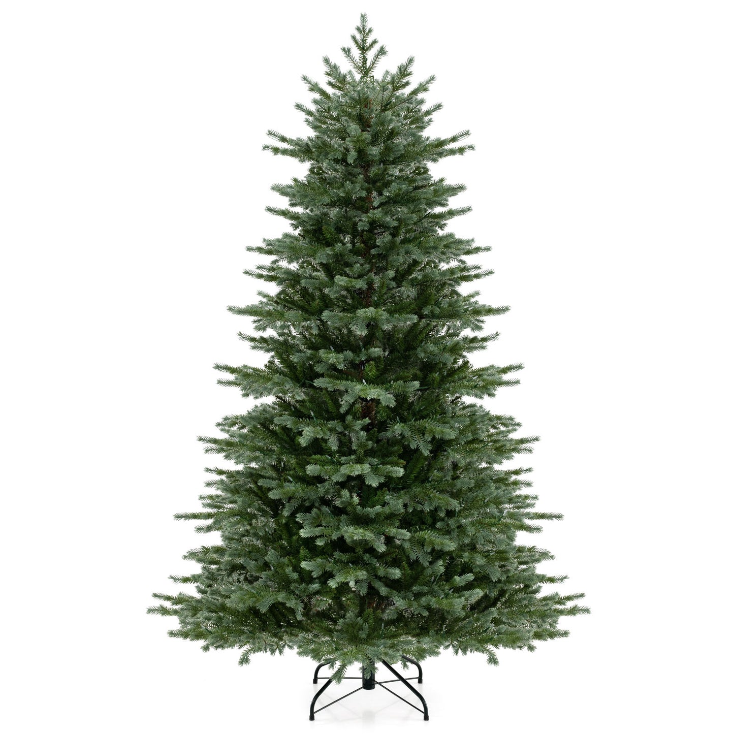 7-foot artificial Christmas tree with lush PVC branches and warm white LED lights, perfect holiday decor.