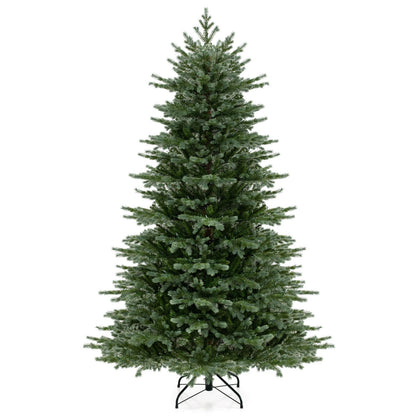 7-foot artificial Christmas tree with lush PVC branches and warm white LED lights, perfect holiday decor.