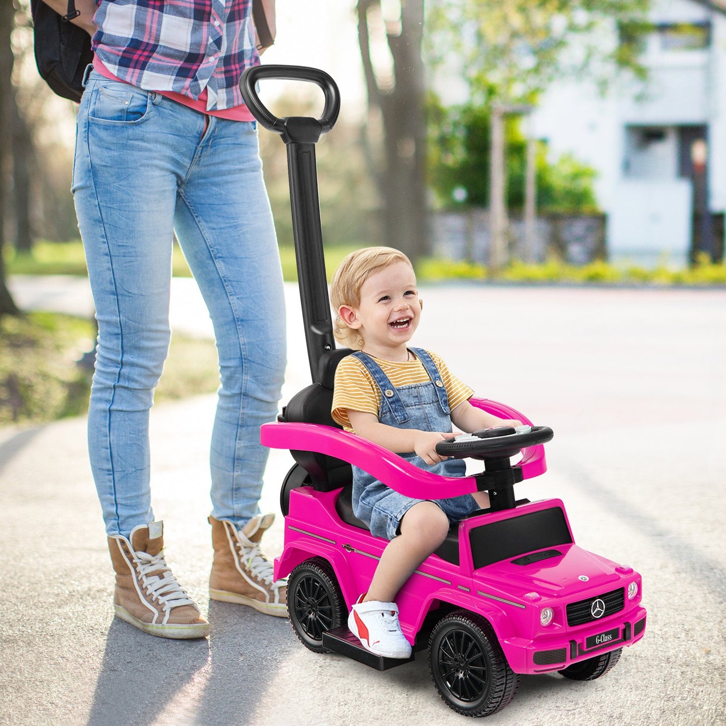 3-In-1 Ride on Push Car Mercedes Benz G350 Stroller Sliding Car with Canopy-Black
