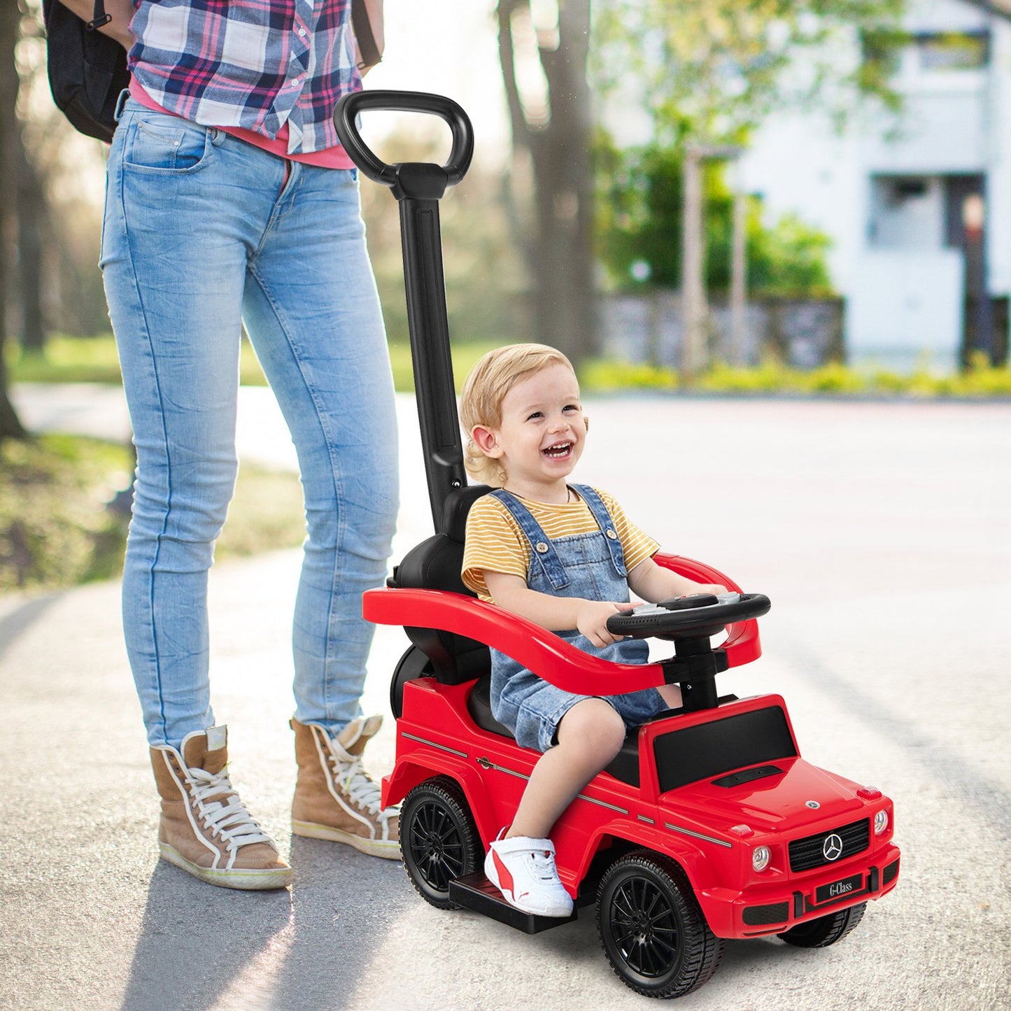 3-In-1 Ride on Push Car Mercedes Benz G350 Stroller Sliding Car with Canopy-Black