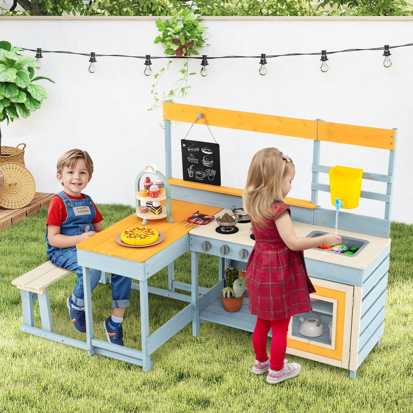 Fir Wood Play Kitchen with Kids Picnic Table and Built-in Bench-Grey