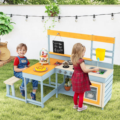 Fir Wood Play Kitchen with Kids Picnic Table and Built-in Bench-Grey