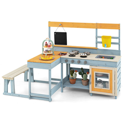 Fir Wood Play Kitchen with Kids Picnic Table and Built-in Bench-Grey