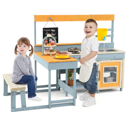 Fir Wood Play Kitchen with Kids Picnic Table and Built-in Bench-Grey