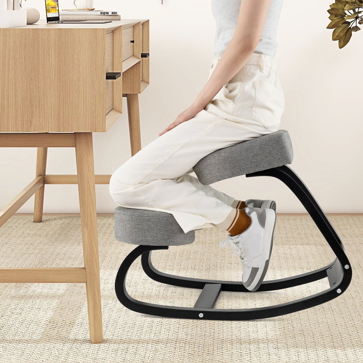Wooden Ergonomic Rocking Kneeling Backless Chair with Padded Cushion-Grey