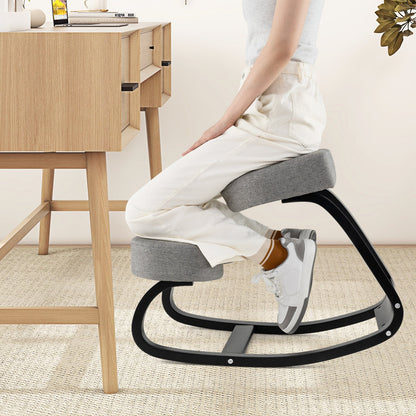 Wooden Ergonomic Rocking Kneeling Backless Chair with Padded Cushion-Grey
