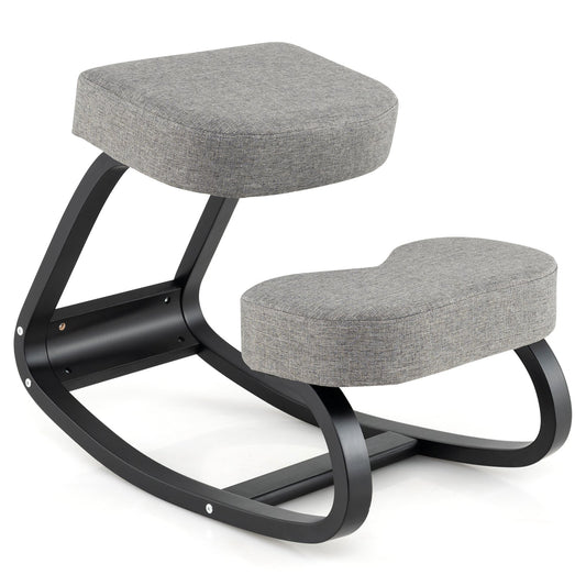Wooden Ergonomic Rocking Kneeling Backless Chair with Padded Cushion-Grey