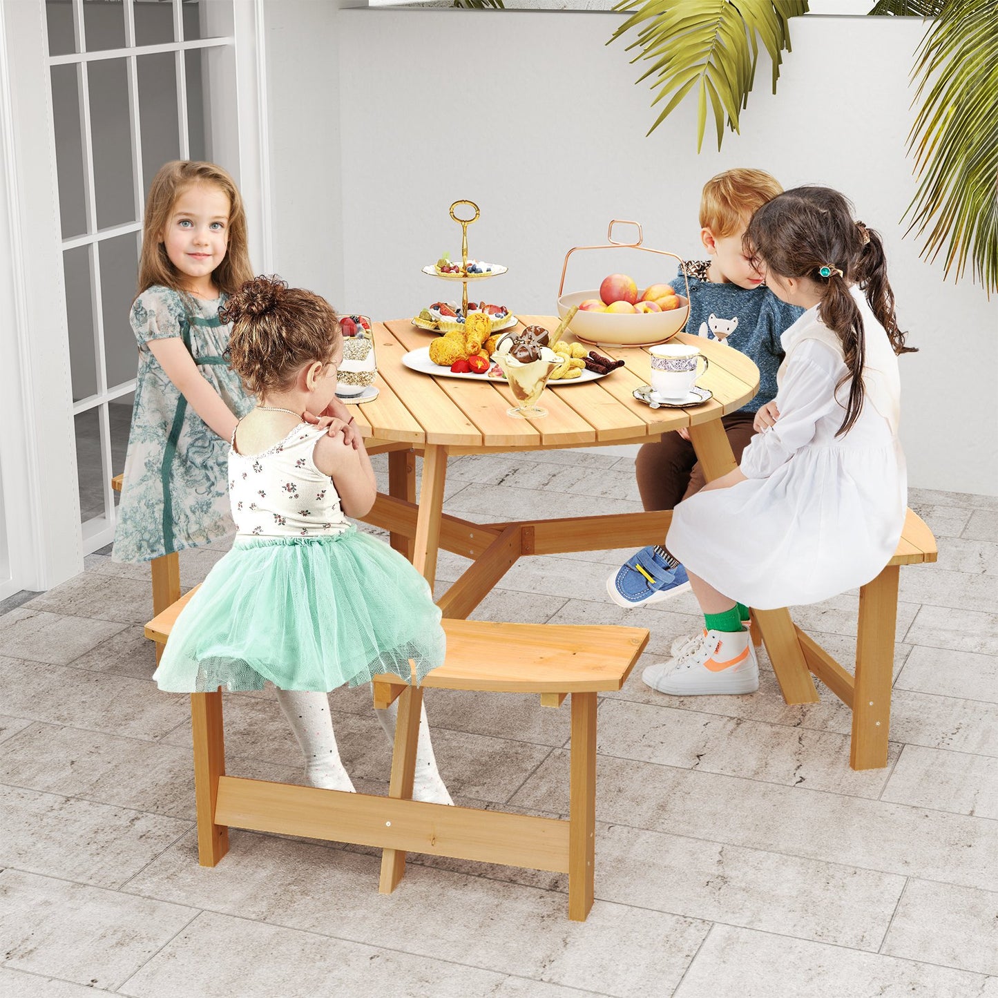 Kids Outdoor Wooden Picnic Table and Bench Set with Umbrella Hole-Natural