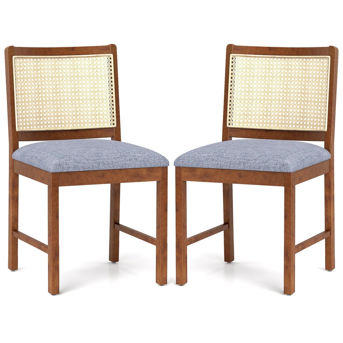 Rattan Dining Chair Set of 2 with Rubber Wood Frame and Linen Fabric Padded Seat-Walnut